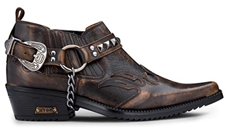 Mens Real Leather Cowboy Shoes Wincklepickers Heel Metal Belt Western Pattern - Brown 8