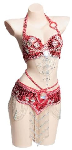 Bauchtänzerin Kostüme Für Damen Karneval Professionelle Leistung Tanz Outfit Maskerade Kleidung Top BH Für Den Bauchtanz Und Gürtel Für Den Bauchtanz 2 Teiliges Set,Rot,L