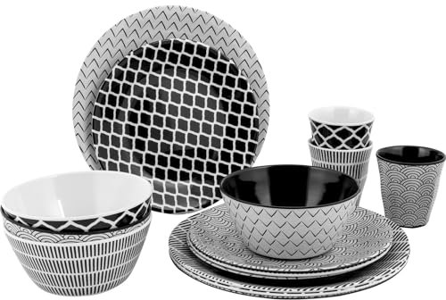 Bo-Camp - Vajilla - Mix & Match - 16 Piezas - Negro/Blanco
