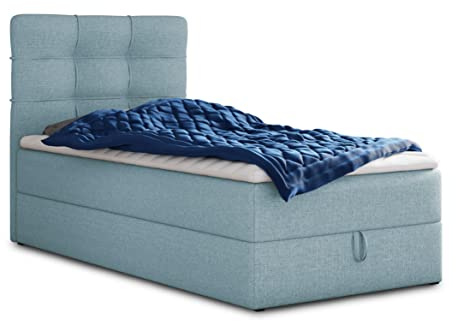 Sofnet Boxspringbett Best Mini mit Bettkasten und Matratzentopper - Einzelbett mit Bonell-Matratze und Topper, Polsterbett, Bett, Schlafzimmer (100 x 200 cm, Blau (Vidar 83))