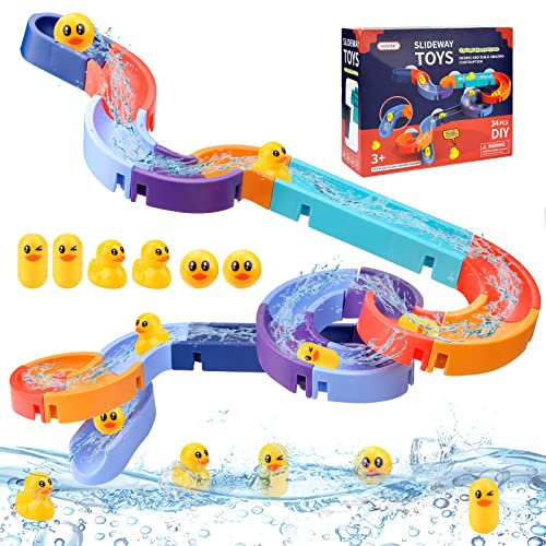 Vibbang Bath Toys for Toddlers, Baby Bath Toy Water Slide with Wind-Up Duck, Water Track Bathtub Toys, Interactive Ferris Wheel Water Duck Slide Toys, DIY Educational Watermill Toy(34 Pcs)