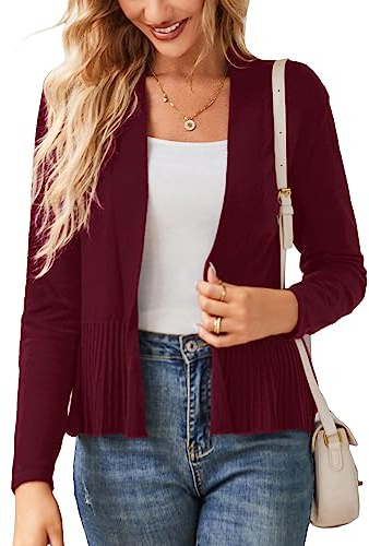 GRACE KARIN Women's Lightweight Peplum Cardigan Sweaters Open Front Cropped Cardigan Long Sleeve Trendy Summer Knit Tops Wine Red L