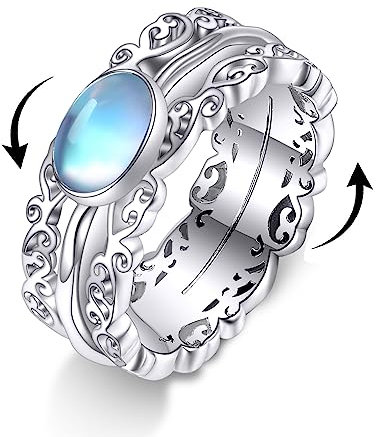 POPLYKE Mondstein Fidget Spinner Ring für Damen Anti Stress Stimmung Ringe Geschenke Band Breite 7# in Sterling Silber mit Mondstein
