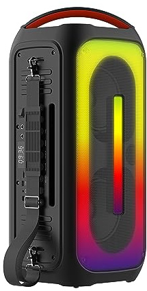 Majestic Flame 66 Pro - Party Speaker Bluetooth, Lumières LED, entrées USB/Micro SD/AUX/MIC/Guitar, Microphone, Télécommande, TWS, Batterie Rechargeable, Poignée et bandoulière de Transport