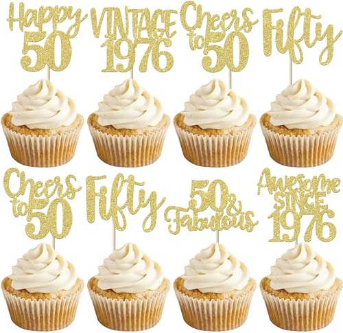 Xsstarmi 24 Pack Gold Happy 50th Birthday Cupcake Toppers Fifty 50 Fabulous Vintage 1976 Cupcake Picks for Awesome Since 1976 Cheers to 50th Birthday Wedding Anniversary Party Cake Decorations