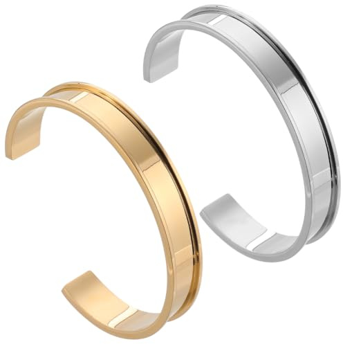 SUNNYCLUE 2 Stück Armbandrohlinge Edelstahl Manschettenarmbänder 12 mm Breit C Form Leer Offen Geriffelt Armbänder Blanko Goldene Platinfarbe Haargummi Armreifen Für Schmuckherstellungsset Inlay Laser