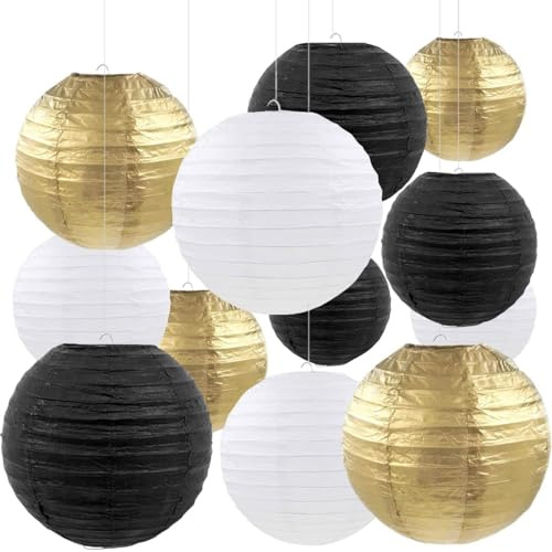 Silvester Deko 2026,12 Stück Papier Lampions Schwarzer Gold Weiß,Runde Papierlaterne Papier Laterne für Lampenschirm,Hochzeitsdekorationen, Geburtstagsfeier,Gartenparty Deko
