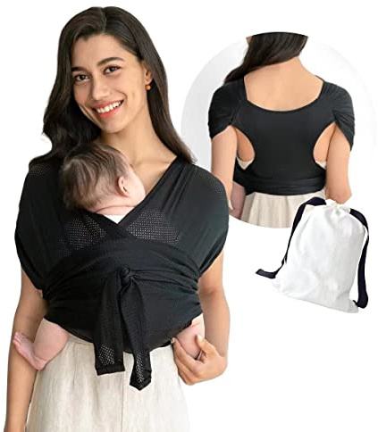 SmartPlayground Rückenunterstützendes Sommer Babytragetuch Leichte Babytrage Ab Geburt (L,Schwarz)