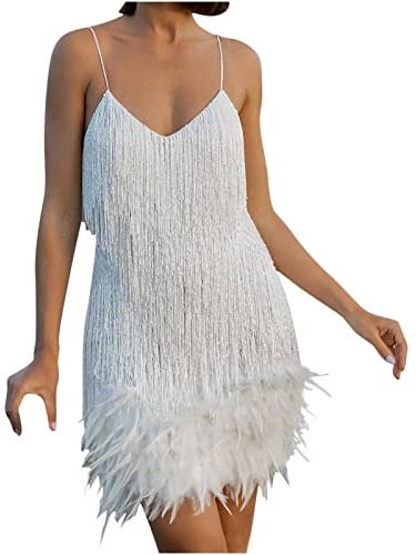 Robe Disco 2024 en Plumes à Sequins à Franges de Couleur Unie pour Femmes - Bretelles Spaghetti - Robe de Soirée et Cocktail
