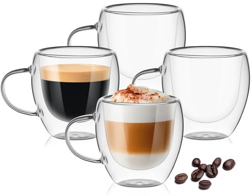 Dyserbuy 4 Pack Espresso Cups, 80ml Espresso Coffee Cup with Handles, Double Walled Coffee Mug, Insulated Glass Cups