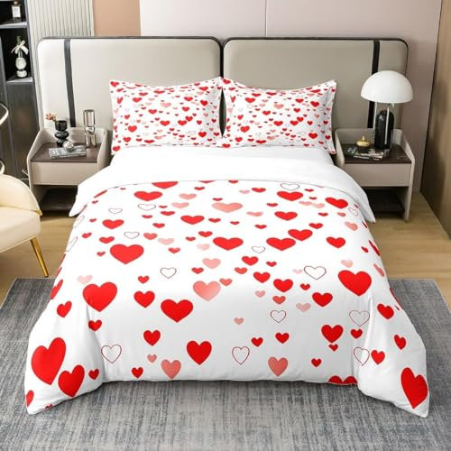 Copripiumino Matrimoniale 260x240 Cuore, Set di Biancheria da Letto Cuore Rosso in Morbida Microfibra Stampata in 3D con Cerniera Copripiumone con 2 Federe 912-K