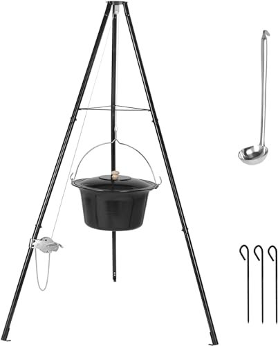 TLSUNNY 15L Gulaschkessel mit Dreibein und Löffel, Original Ungarischer Gulaschkessel, mit Höhenverstellbarer Kette, mit Erdspießen, Kesselgulasch Topf Set, Gulaschtopf Emaille, für 10-15 Personen