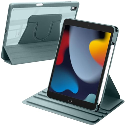 Funda Giratoria Compatible con iPad 10,2 Pulgadas (9.a/8.a/7.a Generación, 2021/2020/2019) / iPad Air 10.5 2019 / iPad Pro 10.5 2017, con Portalápiz, Auto-Sueño/Estela, Verde Oscuro