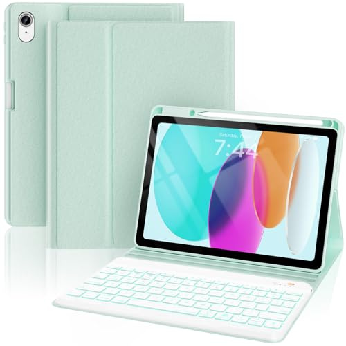 OYEEICE Keyboard Case for iPad A16 11th Gen 2025/10th Gen 2022 | 7 Color Backlit Wireless Detachable Keyboard for iPad 11/10th with Pen Holder (Green, Classic Style)