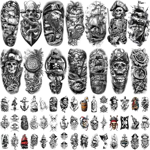 77 Blätter temporäre Tattoos für Erwachsene und Kinder, wasserfeste Fake Tattoos, 17 große und 60 kleine schwarze Tattoo-Aufkleber, Piraten und Totenkopf Tattoo-Design