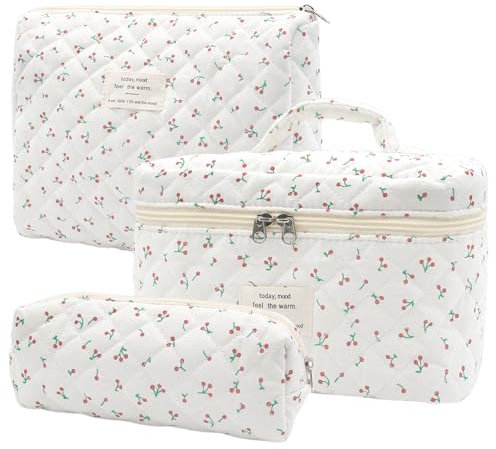 3 Stück Kosmetiktasche Kulturtasche Damen mit Blumenmuster, Kulturbeutel Make Up Tasche, Tragbare Schminktasche Makeup Bag, Waschtasche Groß Frauen Mädchen für Alltag und Reisen (Kleine Kirsche)
