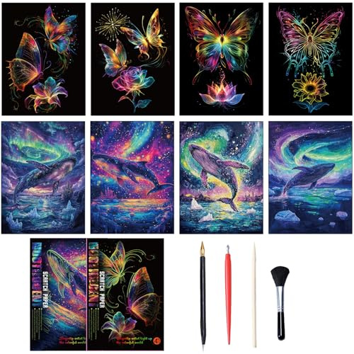 NICEIN Kratzbilder Set, 8PCS A4 Farbe Kratzpapier Set,Kreatives Katzbilder Erwachsene,Kratzbilder für Kinder mit Tiermotiv,Malset für Kinder,Basteln Kinder mit Einem Schabwerkzeuga (Wal+Schmetterling)