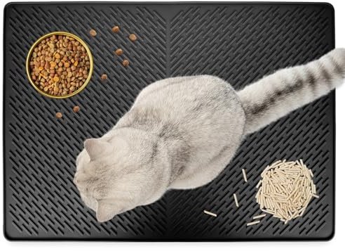 Tapis de litière pour chat, 70 x 50 cm, tapis de litière pour chats, en silicone, antidérapant, facile à nettoyer, imperméable et à l'urine, tapis de chat, litière, pour litière (Noir)
