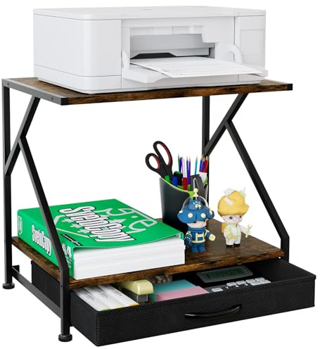 EasyPAG 2 Ebenen Metall-Holz Druckerständer,Multifunktionaler Druckertisch & Schreibtisch Organizer,Stabiler Druckerhalter für Fax,Scanner,Druckerregal für Büro,Zuhause & Schule mit Schublade,Braun