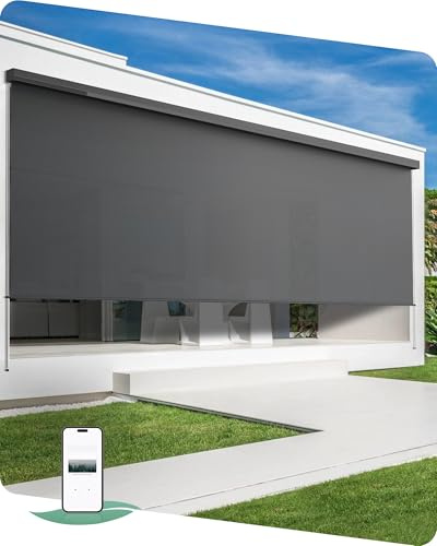 Yoolax Motorized Outdoor Shades for Patio, Solar Powered Electric Roller Shade 2-16FT Wide, Smart Outdoor Blinds with Remote for Outside Window Porch, Custom Size (1% Openness Grey)