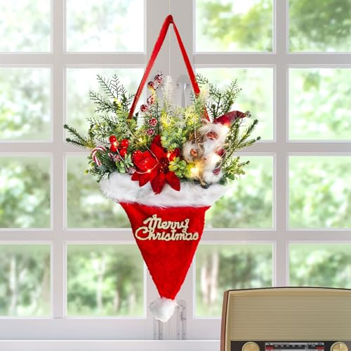 Ghirlanda di Natale con LED, Fiocco, Ghirlanda Natalizia per Porta con Cappelli di Babbo Natale Rovesciati, Mini Albero di Natale Luminescenza, per Porta di Casa, Caminetto e Decorazione da Parete