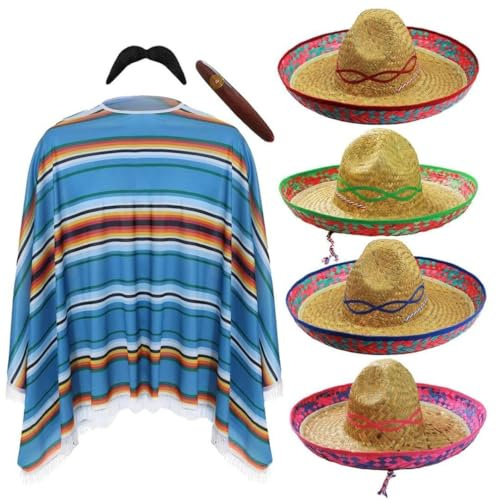 Unisex Mexican Poncho & Red Sombrero Hat Costume – Multicoloured Poncho, Straw Fiesta Hat, Fake Moustache & Cigar – Funny Fancy Dress for Festivals, Parties, Fiestas & Stag Dos