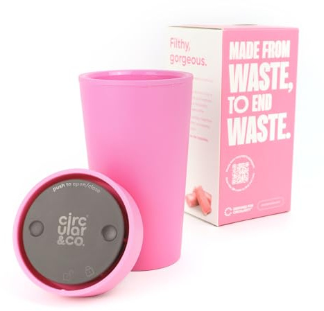 Circular&Co 12oz / 340ml Reusable Coffee Cup – Made from Recycled Bubblegum – Leakproof, Lockable Travel Mug, BPA Free – Candy Pink – Made in the UK