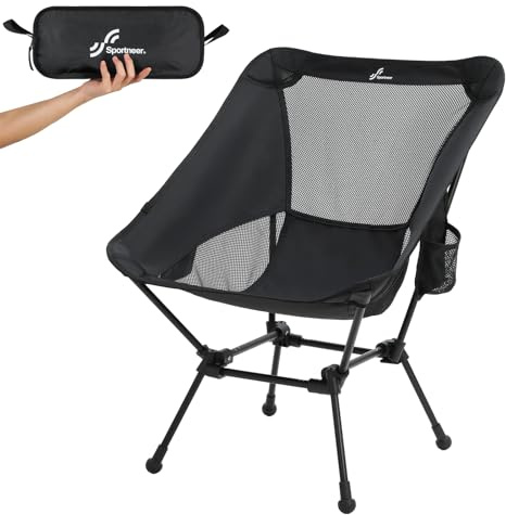 Sportneer campingstol vikbar campingstol bärbar campingstol 150 kg hopfällbar stol ultralätt packstorlek liten fällstol med bärväska för picknick, svart, 1-pack