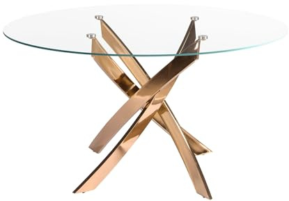 Ángel Cerdá - Mesa de Comedor Redonda con Tapa Fija de Cristal Templado Transparente y Patas de Acero Inoxidable Color Oro Rosa - Diseño Moderno y Elegante para 4 Comensales - 120 x 75 cm