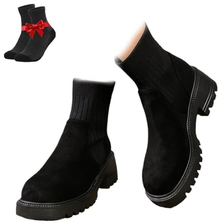 Damstövlar Med Mellanhög Klack, Mockastövlar Med Grov Klack, Vinterstövlar Med Vardagslook, Platå Med Rund Tå(Black,38 EU)