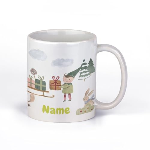 Weihnachtstasse Kinder personalisiert mit Namen, Aquarell-Motiv | Becher mit Wunschname im Weihnachtsdesign – Geschenk zum Nikolaus, zum Advent und unter den Weihnachtsbaum
