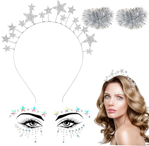 JrnSvp 4 Stück Haarreif Sterne Set, Strasssteine Silber Stirnband & Glitzer Gesicht Sticker, Sternen Haarreif für Karneval Hochzeit Halloween Masquerade Geburtstag Kostümparty