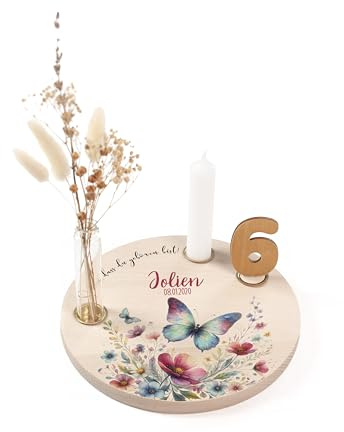 Nord-Kind® Geburtstagsteller personalisiert – Schmetterling 5 | Personalisiert aus Buchenholz, inkl. Kerze, Vase, Zahlen und Haltern; 20 cm.