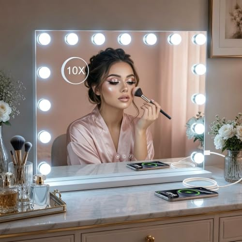 Puranex Hollywood Spiegel Schminkspiegel mit Beleuchtung, Kosmetikspiegel 58 x 46 cm, 15 LED Mirror Super HD für Make-up, 3 Lichtfarben Dimmbar Touch Control, USB, inkl. 10-Fach Vergrößerungsspiegel