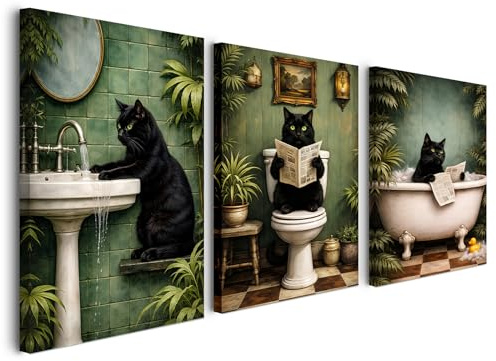 Alptiny Set di 3 quadri da bagno da 30 x 40 cm su tela con cornice, simpatici gatti con , decorazione da parete per il bagno, decorazione da parete per il bagno e il WC degli ospiti