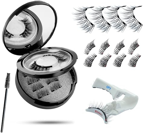 Magnetische Wimpern Schwarz Set – 3 Paare Voll- & 3/4 Halbwimpern Natürlich Look, 4-Magnet Upgrade mit Applikator, Ohne Kleber mit Integriertem Spiegel