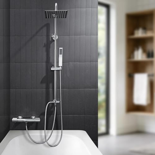 Auralum Columna Ducha Termostatica, Set de Ducha con Grifo, Cabezal de Ducha Lluvia 20x20 cm Cuadrado Acero Inoxidable, Alcachofa, Barra de Ducha Altura Regulable, válvula desviadora de Latón,Cromo