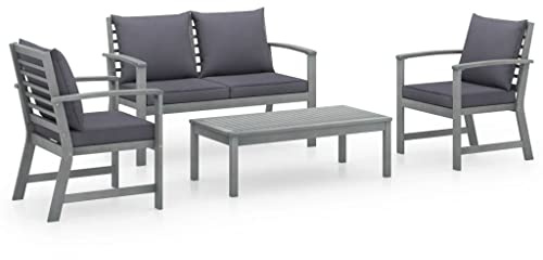 Qnhdfrt Juego de 4 muebles de jardín de madera de acacia maciza, color gris, juego de muebles de jardín con tapicería, conjunto de asientos para terraza, balcón y jardín (1 mesa, 2 sillones, 1 banco)