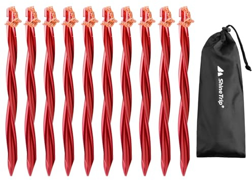 TRIWONDER Tent Stakes Heavy Duty Metal Ground Pegs Camping Stake Tarp Anchors Tent Spikes Aluminum Outdoor Sand Garden Camping Accessories for Beach (Red - Swirled Shape - 9.84 Inches - 10 Pack)