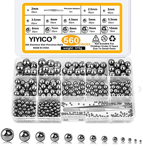 YIYICO Kugellager Kugeln Stahlkugeln Edelstahl Metallkugeln 560Stk Edelstahlkugeln für Fahrrad Rad Ersatzteile Präzision 2/2.5/3/3.5/4/4.5/5/5.5/6/7/8/9/10 mm