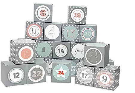 Frau WUNDERVoll® DIY Adventskalender Vorfreude zum Befüllen, Faltschachteln 12x grau, weiße Sterne, 12x grau 7x7x7cm(gefaltet),XL Ziffern pastell/Weihnachten, Würfelbox, Faltverpackung, Schachteln
