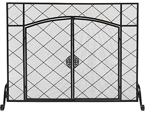 zlw-shop Fireplace Screen Fireplace Screen Thin Line Rhombus Small Grid Decoration Double Door Square Wrought Iron 111x13x84CM Spark Protection (Color : Black, Size : 111x13x84CM)
