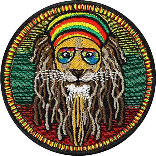 Patch Reggae Löwe Dreadlock Aufnäher gestickt Reggae lion | Rastafari Bild Löwe mit Sonnenbrille Löwenkopf Jamaika RastafariAufbügler/Applikation zum annähen | Rasta Hippie Patch | 70x70mm