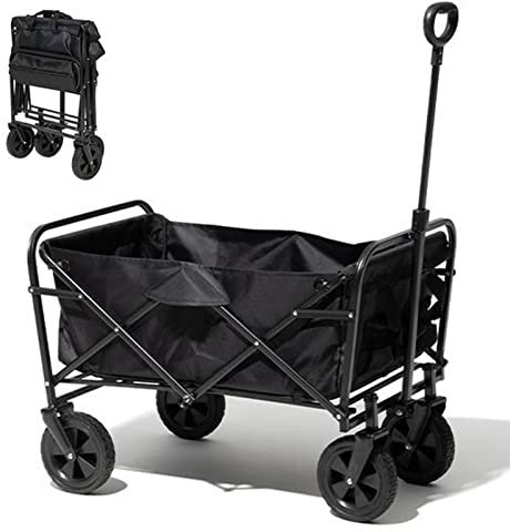 Carrello Pieghevole con Pneumatici in Gomma Piena, Carrello da Giardino, Carrello da Trasporto, Carrello da Spiaggia, Freno per Ruota Anteriore, Rimorchio A Mano Carico Massimo 80KG,Nero