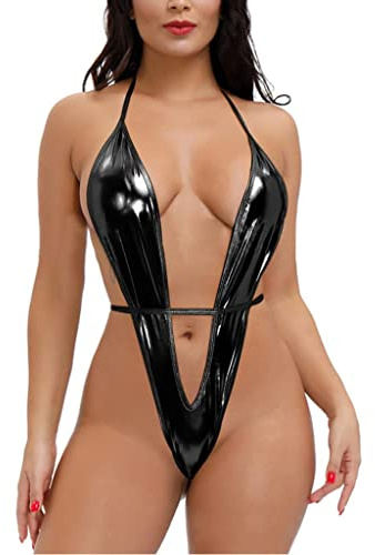 ROSVAJFY Body sexy en cuir pour femme, sous-vêtements en cuir brillant Bodysuit à col ras-du-cou avec décolleté profond, mini-robe Teddy Clubwear dos nu avec laçage, S-XL, Noir , S-XL