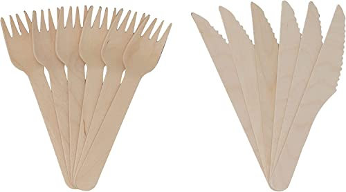 Meown Disposable Wooden Cutlery Set - Biodegradable Wooden Fork, Spoon, Knife, & Chip Fork - Compostable, & Plastic Free - Ideal for Wedding, Picnic, Party, Office (Wooden Fork 100pcs & Knife 100pcs)