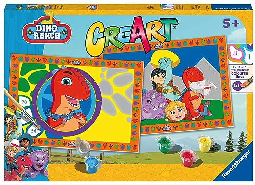 Ravensburger - CreArt Junior Serie: Dino Ranch, Malset nach Zahlen, enthält zwei vorgedruckte Tabellen, einen Pinsel, Farben, kreatives Spiel für Jungen und Mädchen 5+ Jahre