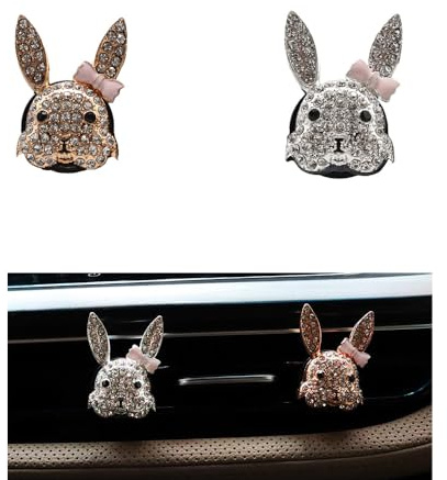 ORIESSE Bling Autozubehör, 2 Stück niedliche rosa Schleife Häschen Kaninchen Auto Lufterfrischer Lüftungsclips Frauen Auto Charms Auto Dekorationen Auto Diffusor (1 Stück Silber 1 Stück Golden)