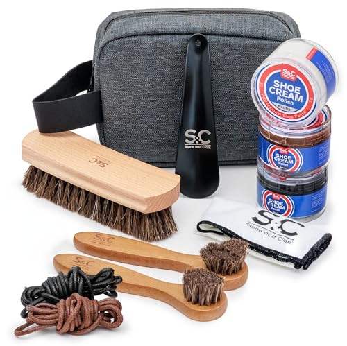 Stone and Clark 11 PC Shoe Shine Kit - Premium Shoe Polish Kit for Shoes - Black, Brown & Neutral Shoe Creams with Brushes, Laces, Buffing Cloth, Shoe Horn & More - Travel Essentials Shoe Care Kit