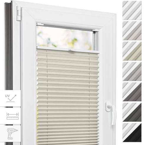 Estika Thermo-Plissee mit Bohren - 75 cm x 200 cm - Farbe: Cream - Plissee Blickdicht, Fensterrollos für innen, Verdunkelungsplissee, Rollos für Fenster